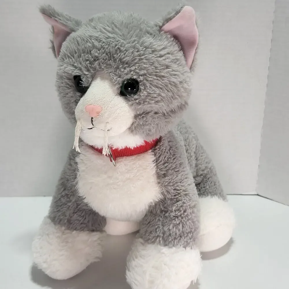 Build A Bear Promise Pets Gray White‎ Kitty Cat Plush Red Collar Green Eyes